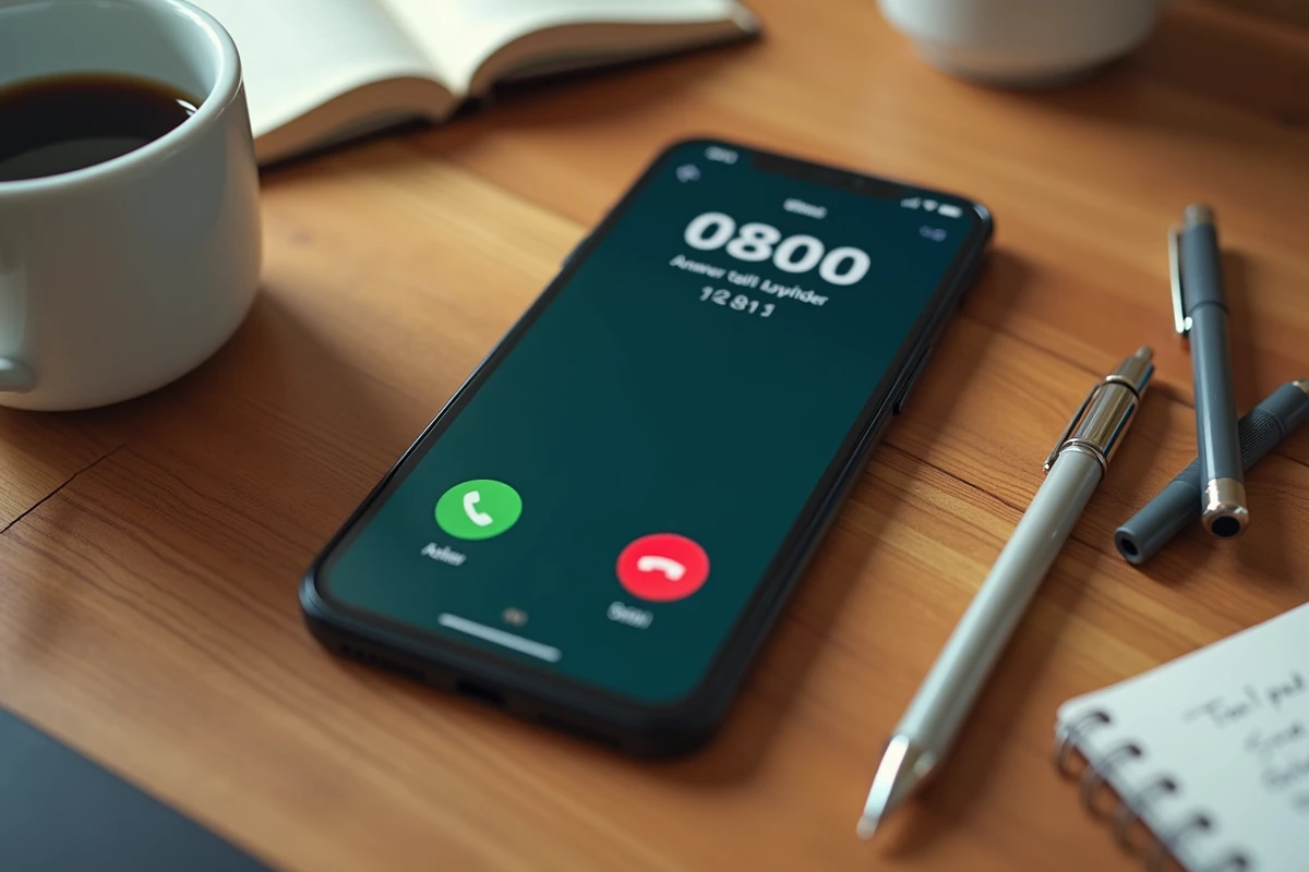 Gros plan sur un smartphone affichant un appel entrant depuis un numéro gratuit inconnu posé sur un bureau en bois