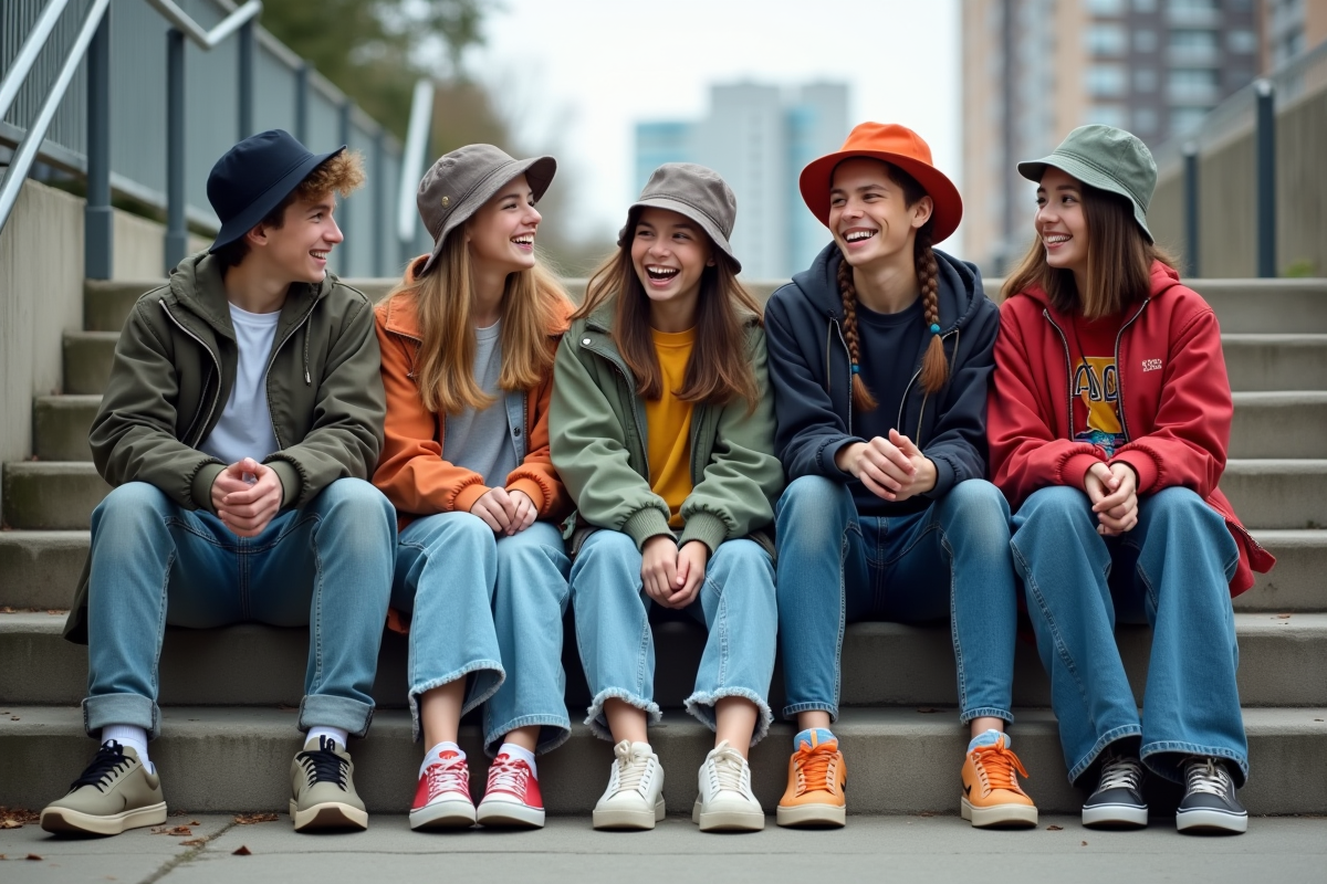 Groupe d adolescents en streetwear sur les escaliers urbains