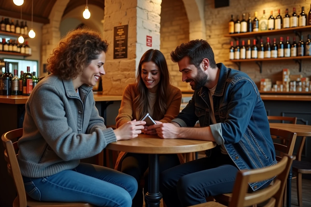 Groupe d'amis nouvellement installés à Bordeaux découvrant ensemble des sorties et événements locaux sur un smartphone dans un bar à vin du quartier Saint-Pierre