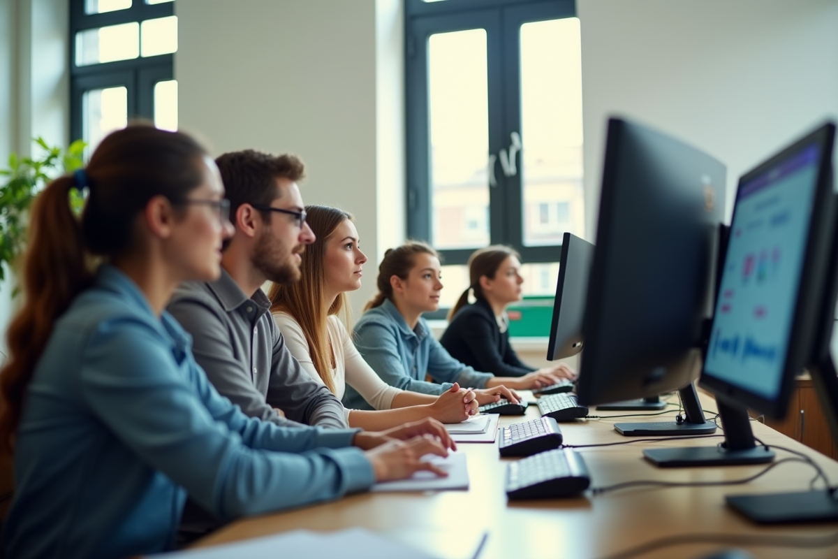 Groupe d'enseignants et élèves autour d'un ordinateur en classe