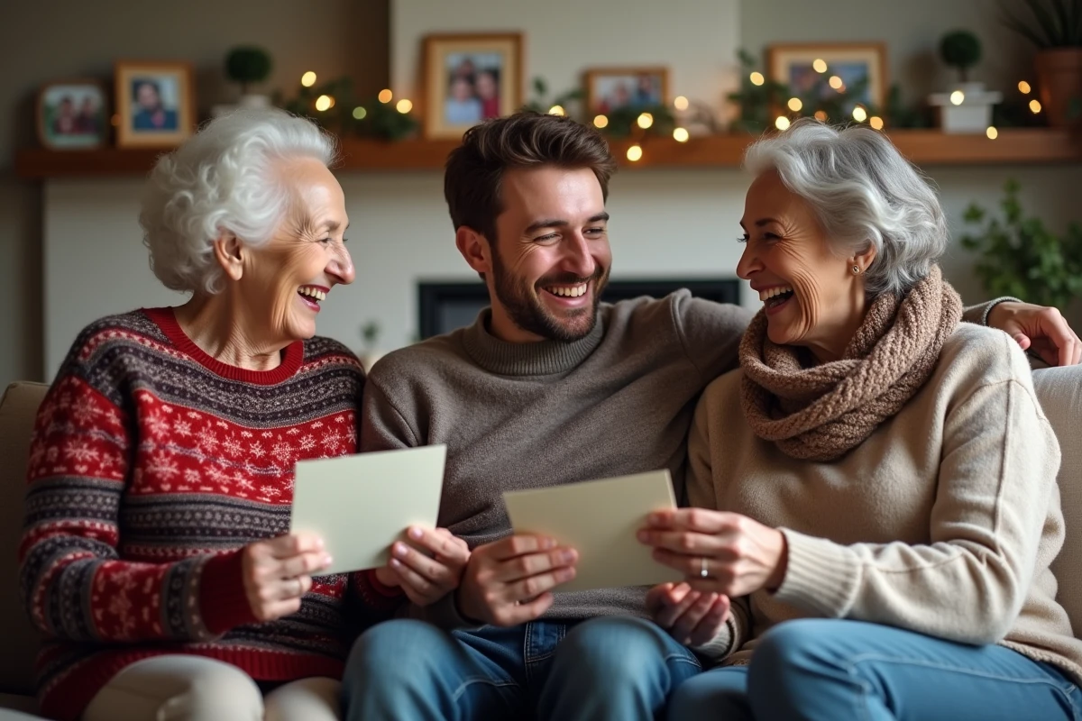 Groupe de trois personnes partageant des cartes de voeux festives