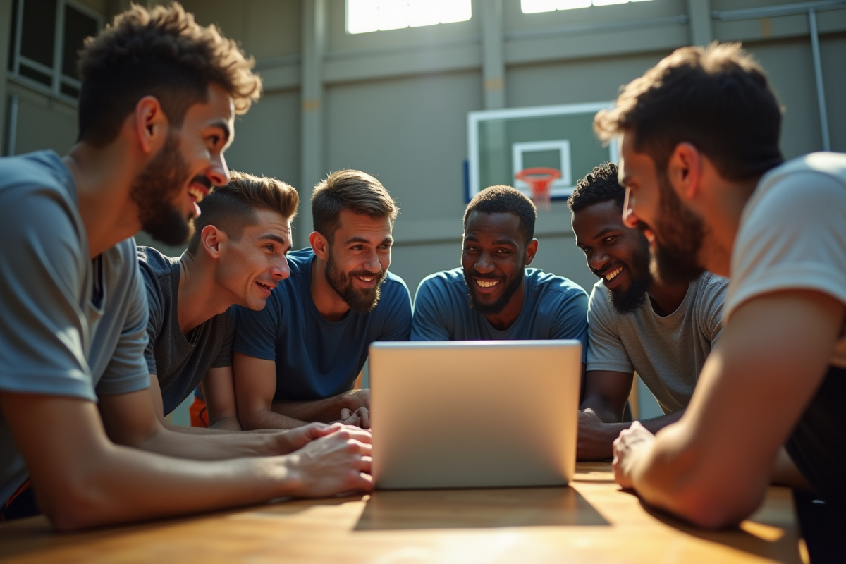 Groupe de fans et joueurs de basketball discutant autour d'un ordinateur