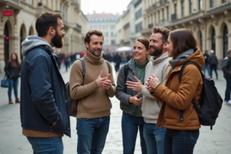 Groupe de personnes adultes interagissant dans une place urbaine, illustrant le concept de fait social et de vie collective