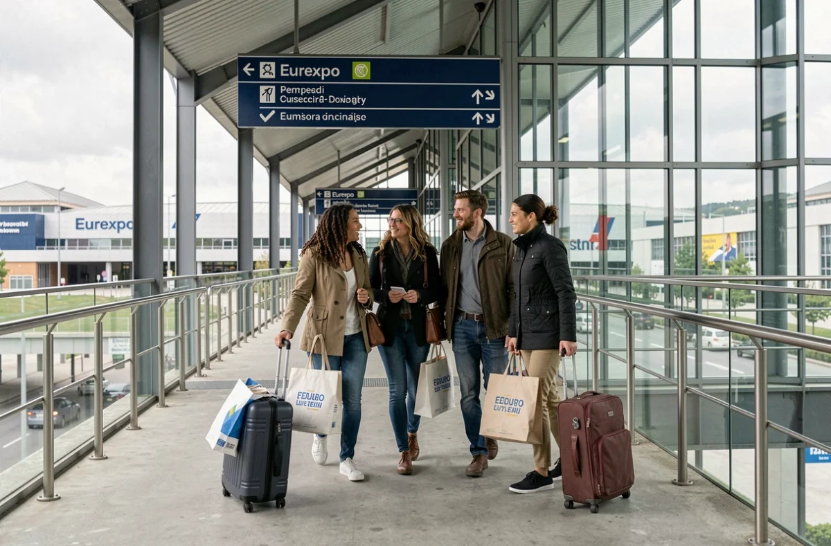 Groupe de professionnels arrivant à l'arrêt métro Eurexpo à Lyon avec leurs bagages lors d'un salon