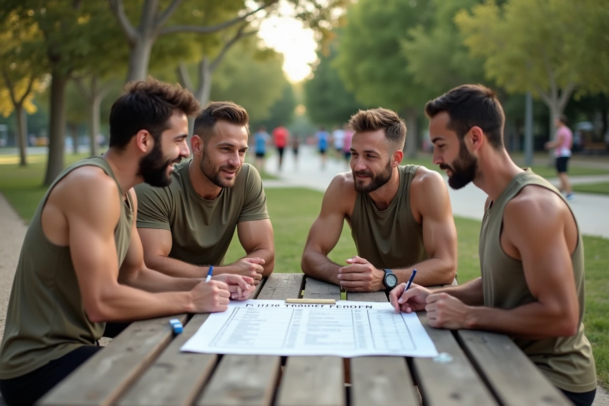 Groupe de sportifs planifiant leurs entraînements de la semaine impaire autour d'un tableau de périodisation dans un parc urbain