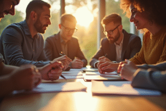 Groupe divers travaillant ensemble autour d'une table ensoleillée