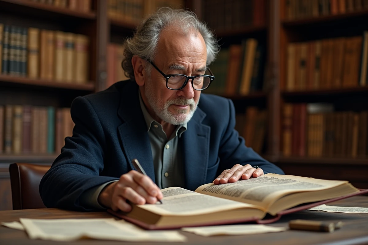 Historien examinant un manuscrit héraldique ancien représentant la Croix de Lorraine dans une bibliothèque d'archives universitaire