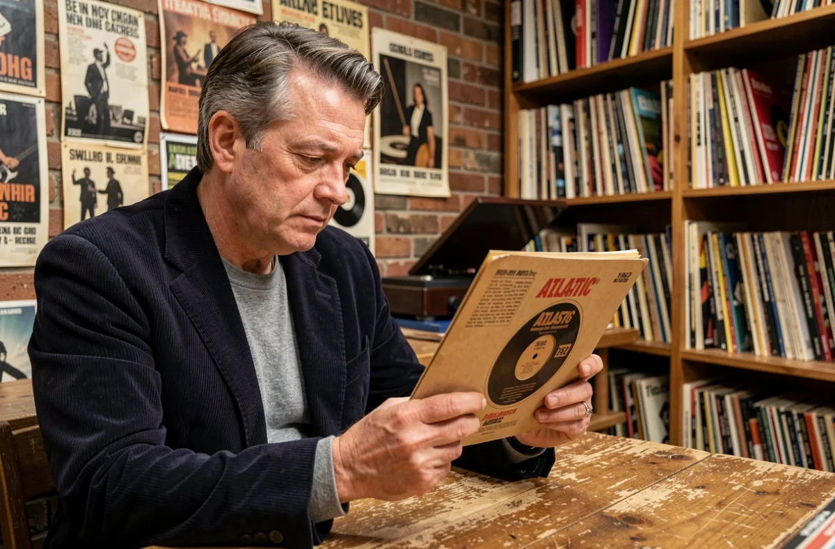 Historien de la musique examinant un vinyle 45 tours original de 1962 dans une boutique de disques vintage, explorant l'histoire et les secrets du titre Stand By Me de Ben E. King