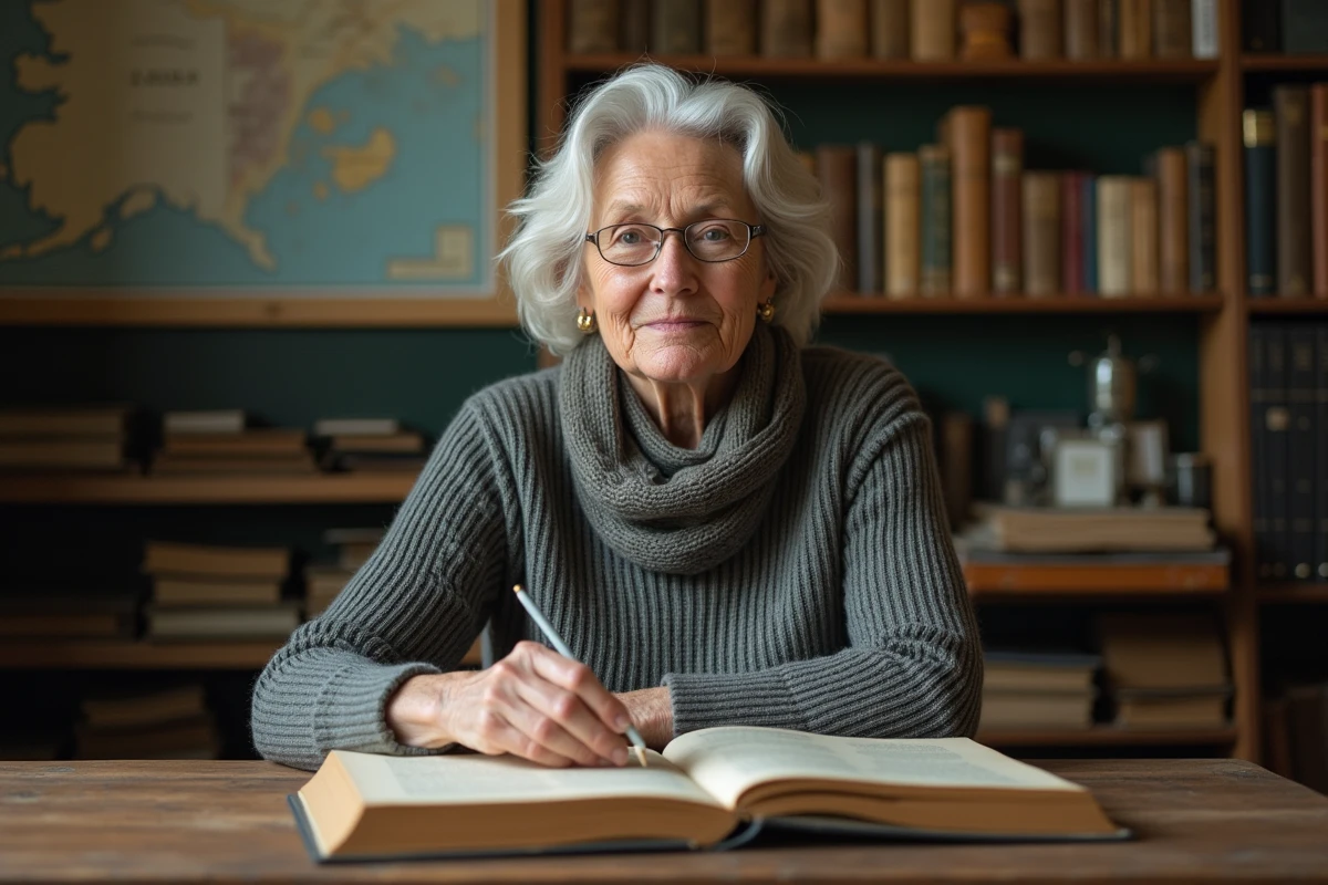 Historienne âgée feuilletant un livre sur le tsunami de 1958