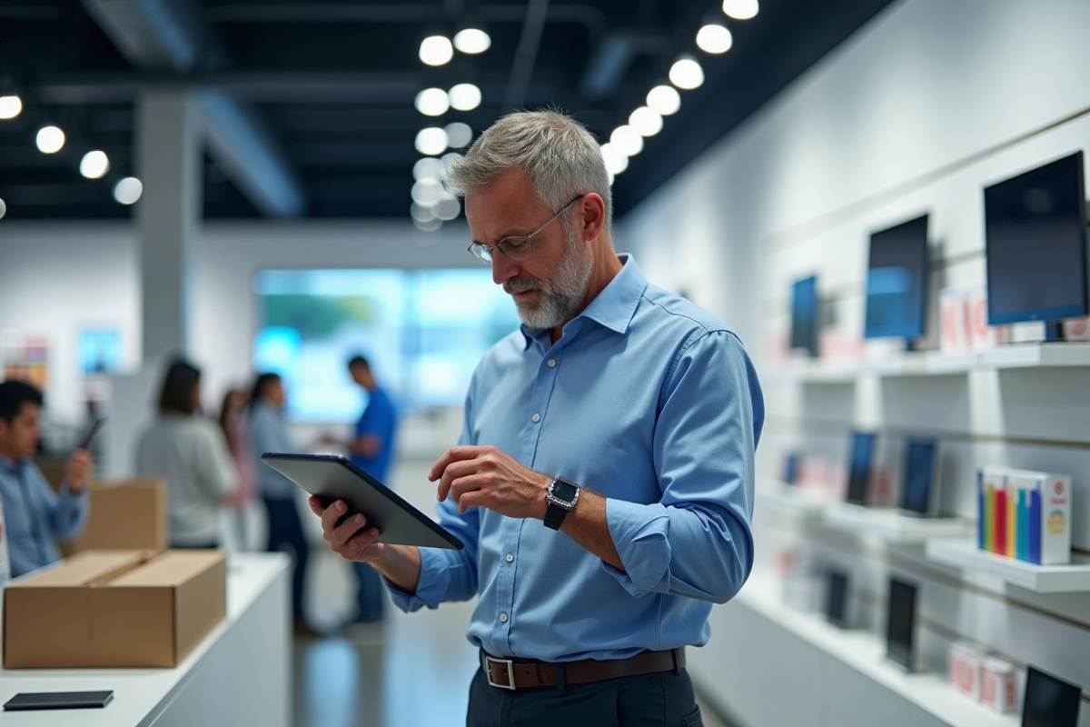 Homme examine une tablette en magasin d