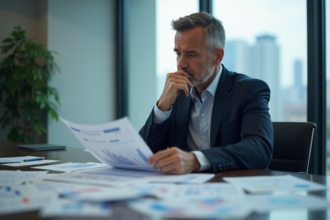 Homme d'affaires en costume analysant des rapports économiques
