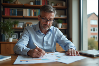 Homme d'affaires en bureau lisant des documents immobiliers