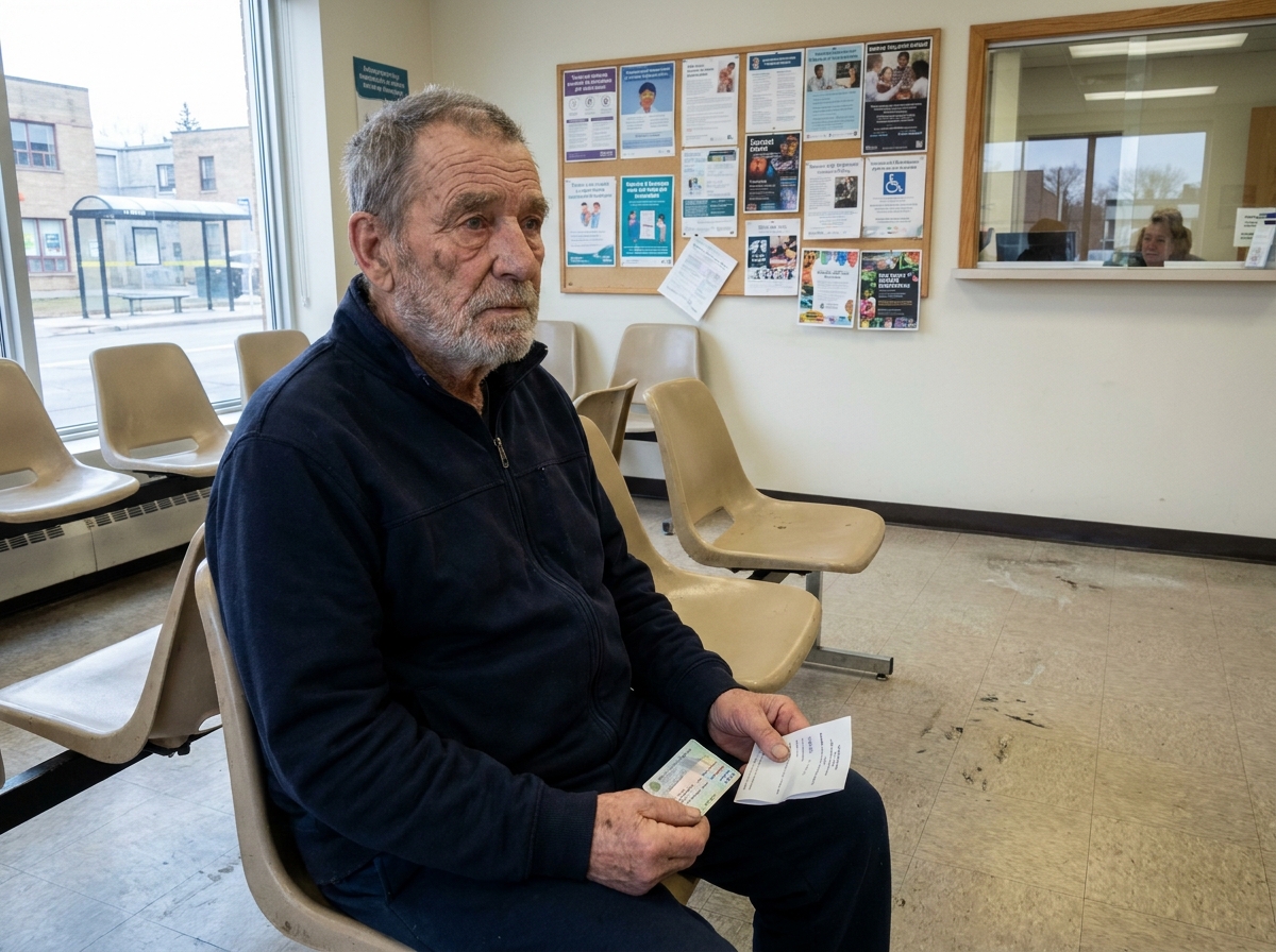 Homme âgé dans une salle d'attente d'un centre de santé municipal, tenant ses documents d'assurance maladie, symbole des enjeux d'accès aux soins visuels pour les seniors
