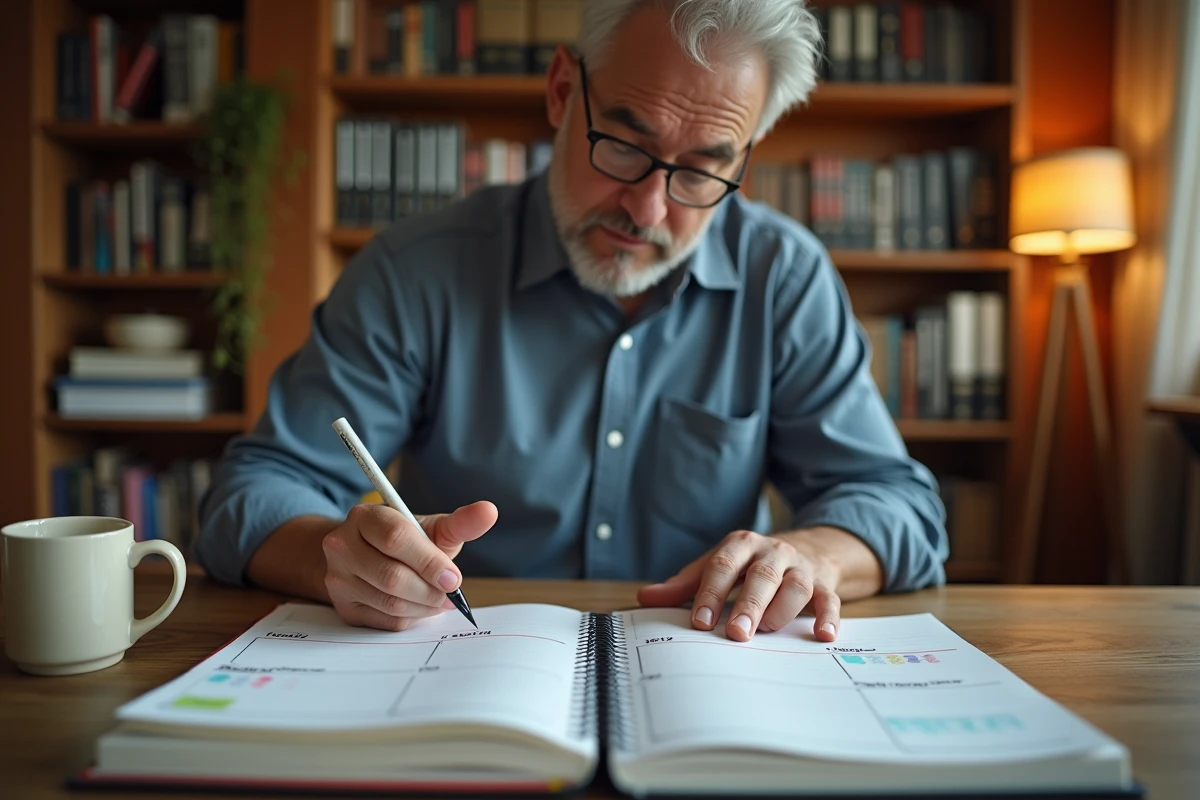 Homme organisant un agenda papier avec les semaines paires et impaires surlignées pour 2026