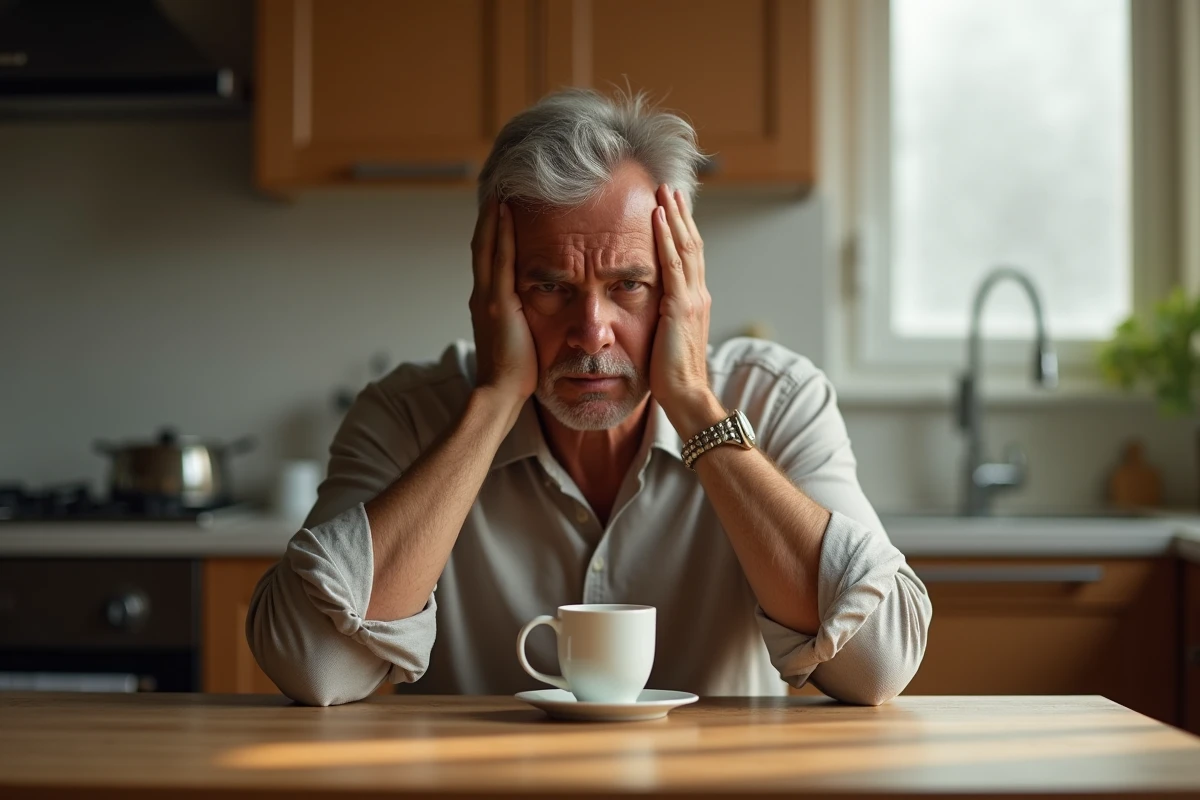 Homme seul à la table de cuisine le matin, la tête dans les mains, après une nuit marquée par des rêves angoissants répétés