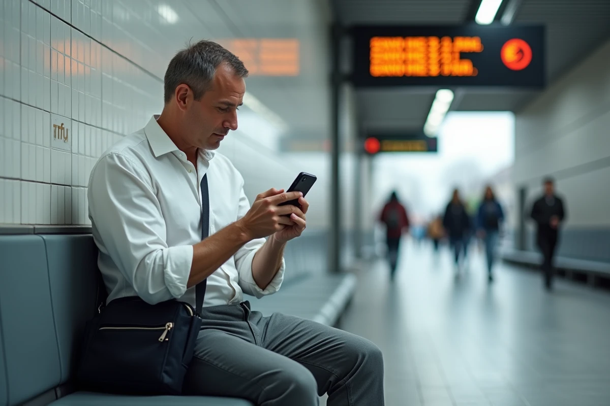 Homme consultant l'application de bus TCL Lyon sur son smartphone dans une gare d'échange de transports en commun