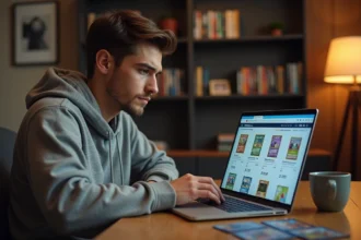 Homme scrutant un site de vente de cartes Pokémon sur son ordinateur portable avec une expression dubitative