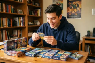 Jeune homme examinant des boosters Pokémon EV10.5 sur un bureau en bois avec des produits de la nouvelle extension