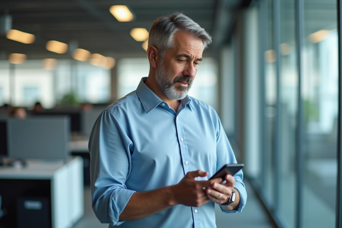 Homme en bureau regardant un appel d'un numéro gratuit inconnu sur son téléphone professionnel