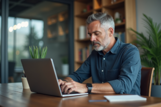 Homme d'âge moyen travaillant sur un ordinateur dans un bureau moderne