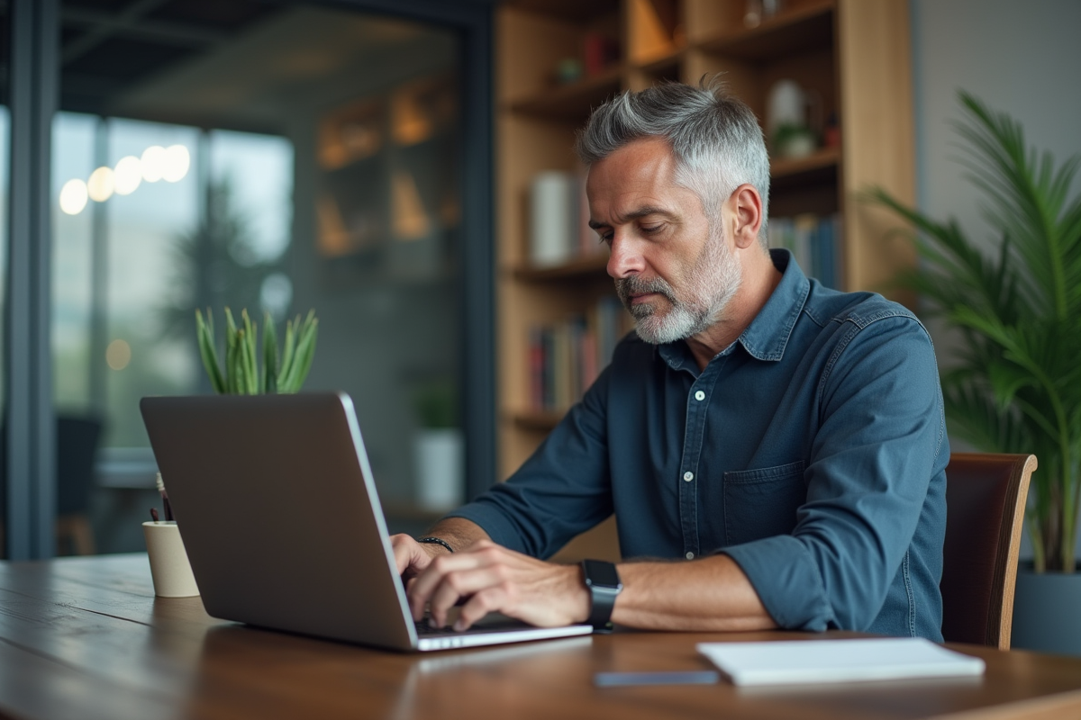 Homme d'âge moyen travaillant sur un ordinateur dans un bureau moderne
