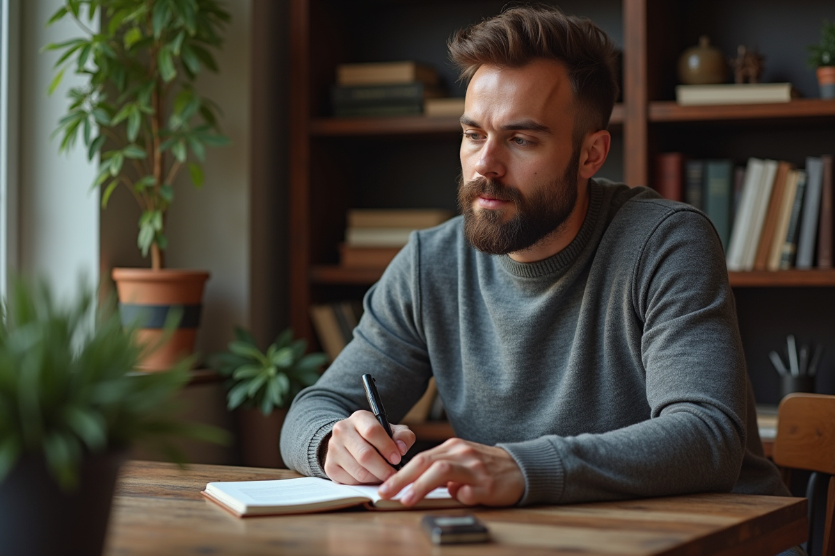 Homme barbu prenant des notes dans un bureau cosy