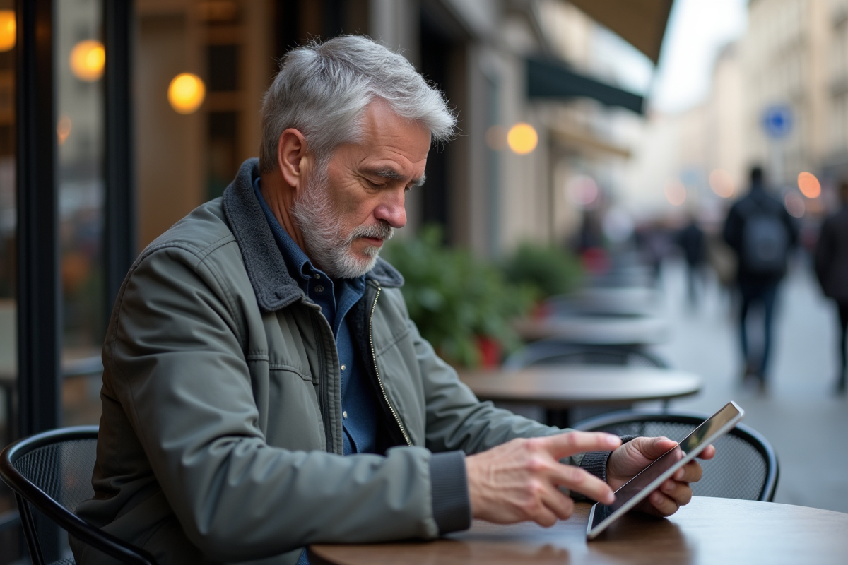 Homme au café utilisant une tablette en extérieur