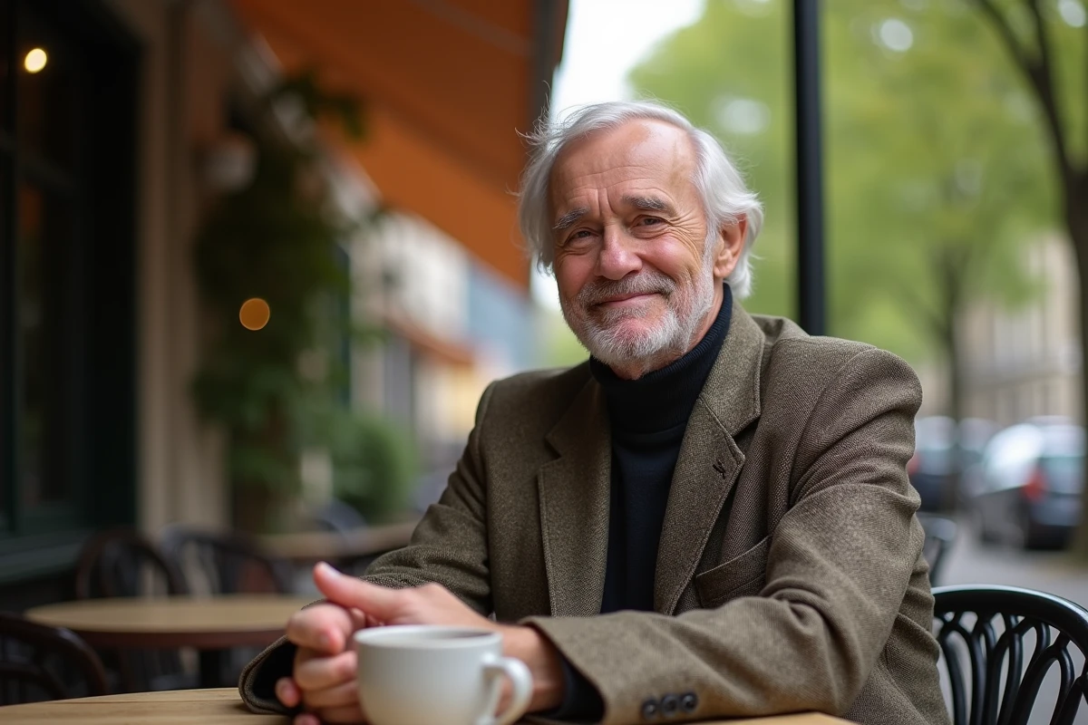 Homme mature au café dans un quartier parisien chic