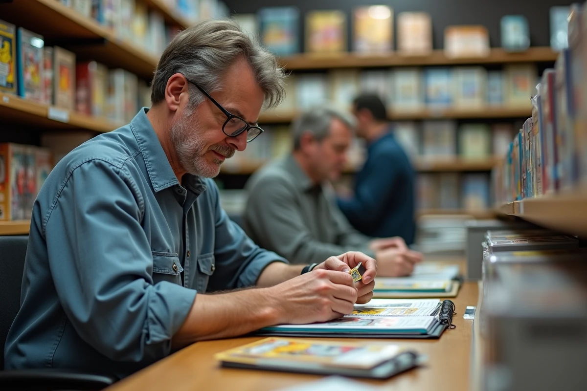 Homme inspectant une carte Pokémon dans un magasin de collection