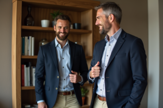Homme en blazer bleu dans un salon moderne