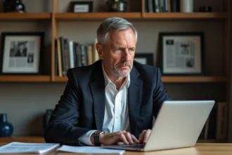 Homme d'affaires au bureau moderne travaillant sur son ordinateur