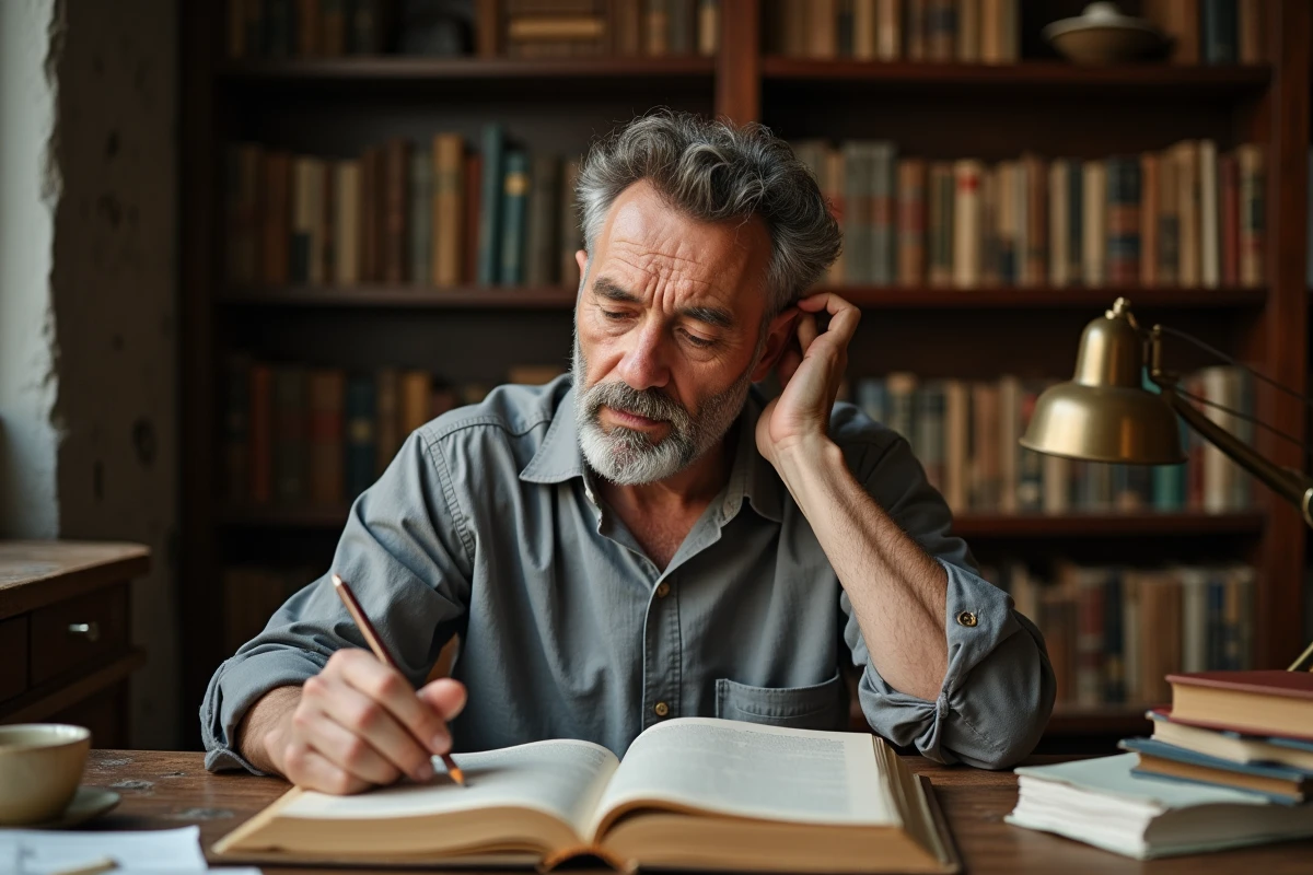 Homme consultant un dictionnaire à son bureau pour comprendre la définition du mot paradigmatique dans un contexte littéraire