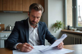 Homme français en blazer triant des papiers dans une cuisine moderne