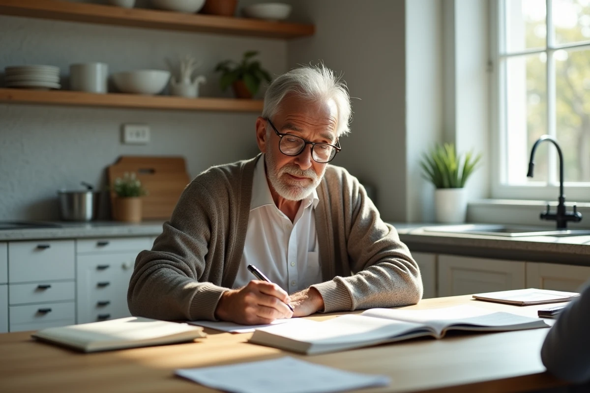 Homme lisant des mangas dans une cuisine moderne lumineuse