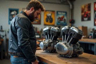 Homme barbu examine deux moteurs de moto Dax dans un garage