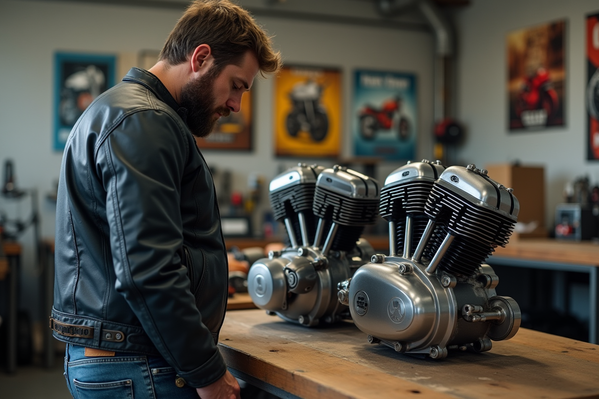 Homme barbu examine deux moteurs de moto Dax dans un garage