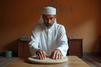 Homme musulman effectuant le tayammum avec une pierre plate dans une salle de prière apaisante