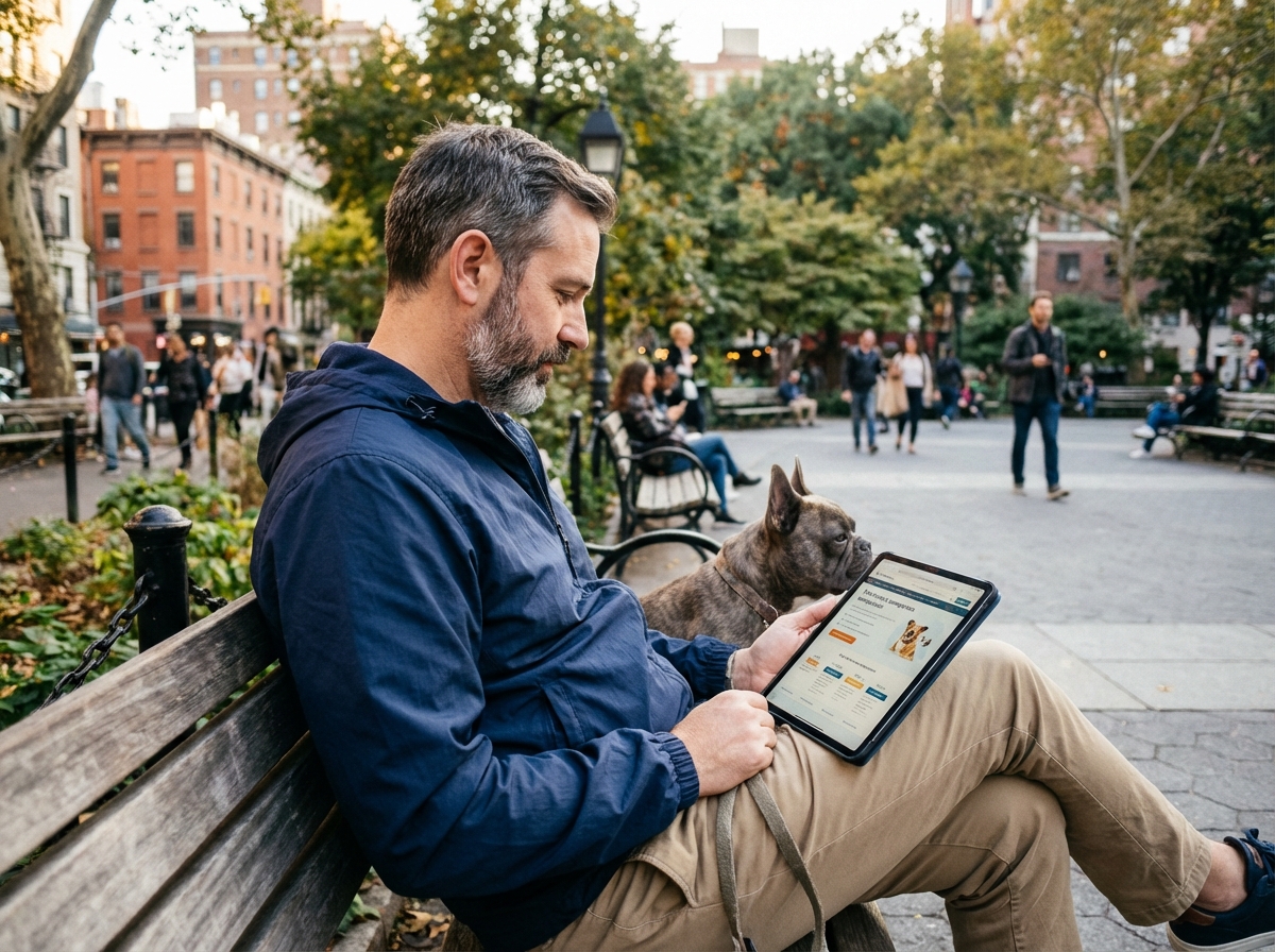 Homme avec chien dans un parc urbain en après-midi