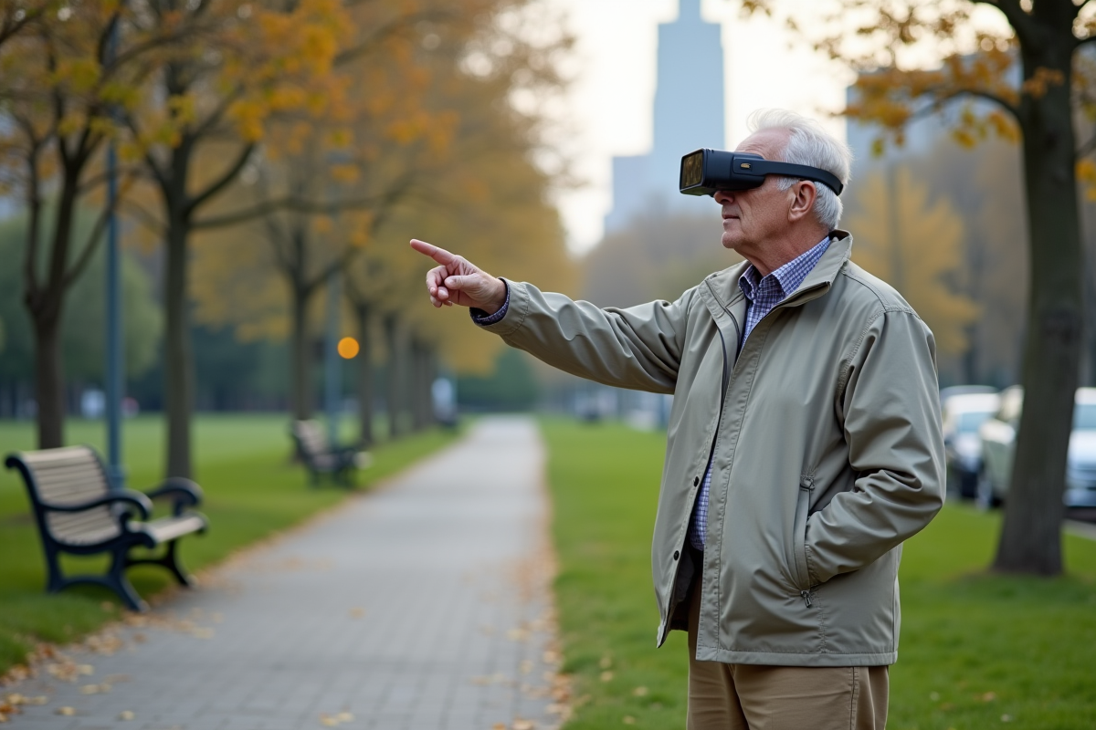 Homme âgé utilisant AR dans un parc urbain