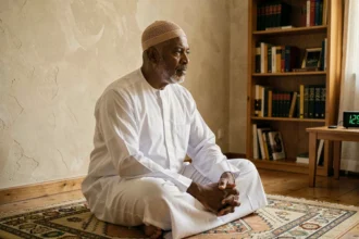 Homme musulman en tenue traditionnelle consultant les horaires de prière sur une horloge numérique dans un salon à Douai
