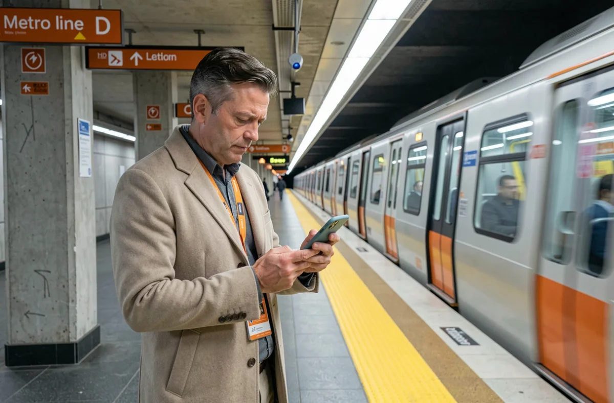 Homme avec badge de conférence sur le quai du métro de Lyon consultant son téléphone pour rejoindre Eurexpo