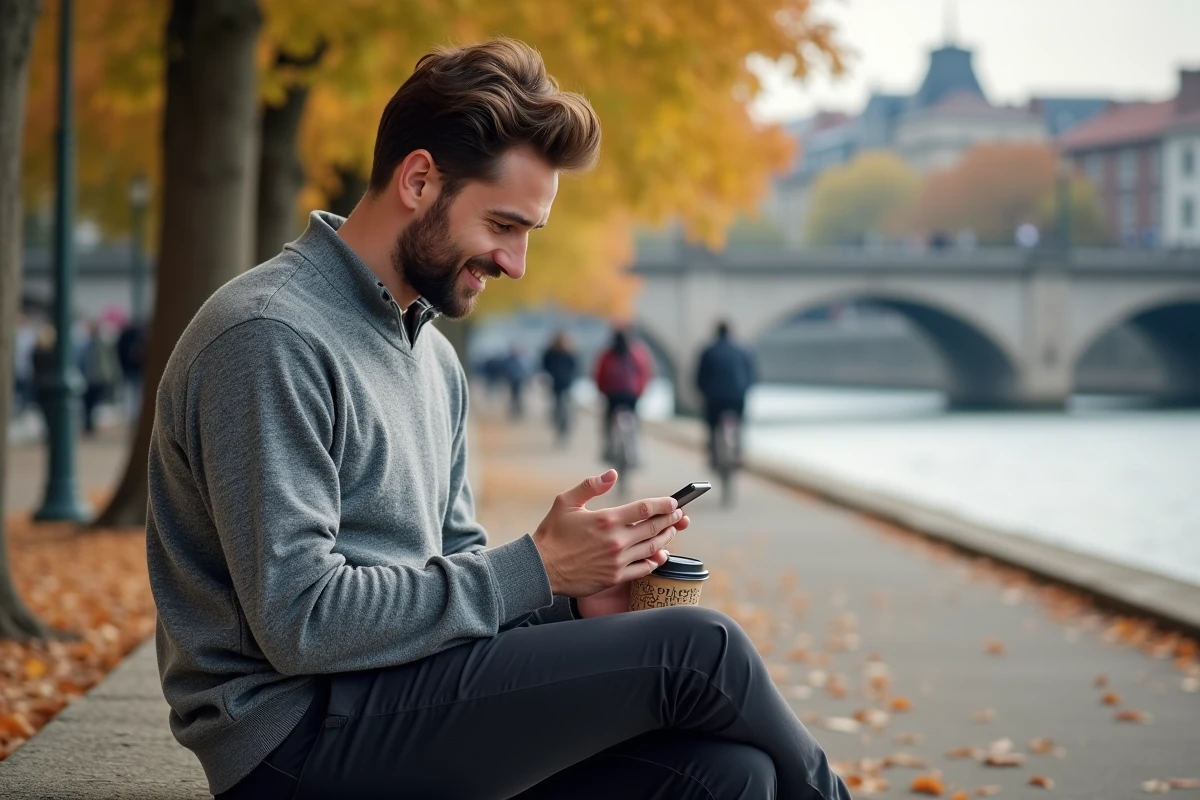 Homme récemment arrivé à Bordeaux consultant une application de sorties sociales assis sur les quais de la Garonne avec vue sur le Pont de Pierre en automne