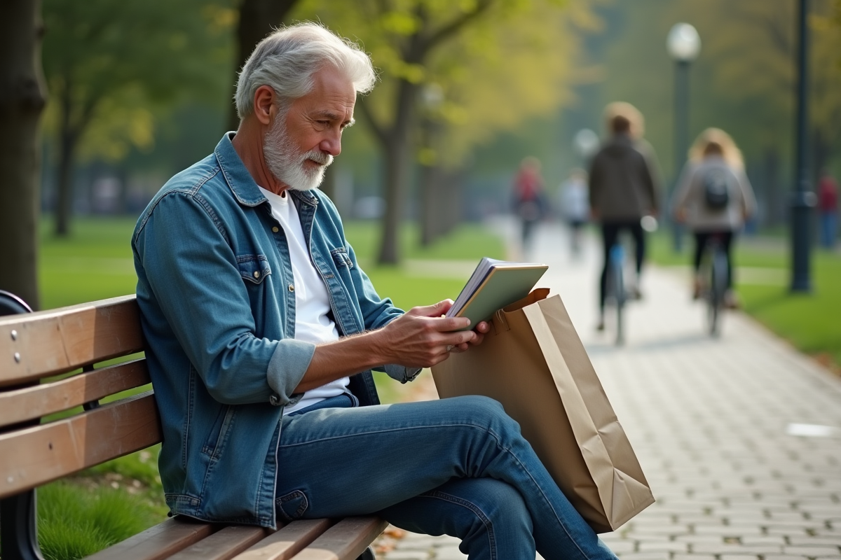 Homme en denim recyclant dans un parc urbain
