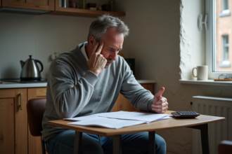 Homme d'âge moyen pensif avec papiers et calculatrice dans la cuisine