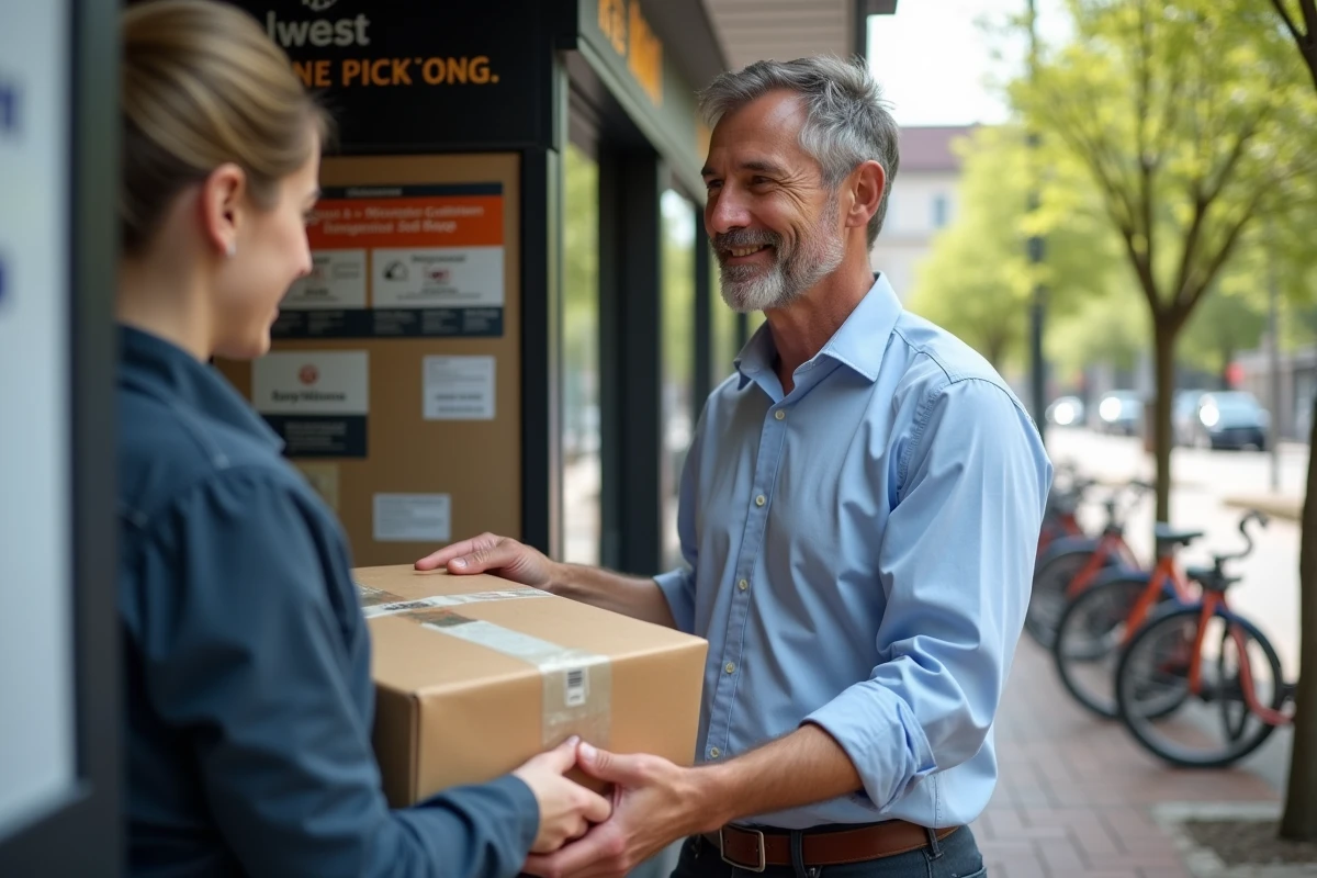 Homme remettant un colis à un agent au kiosque extérieur