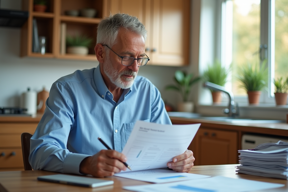 Homme d âge moyen dans une cuisine lisant un rapport