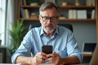 Homme d'âge moyen dans un bureau moderne regarde son téléphone