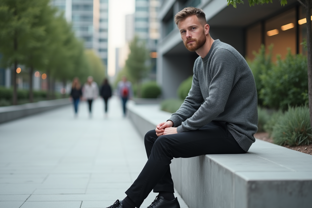 Homme en pull gris assis dans une place urbaine calme