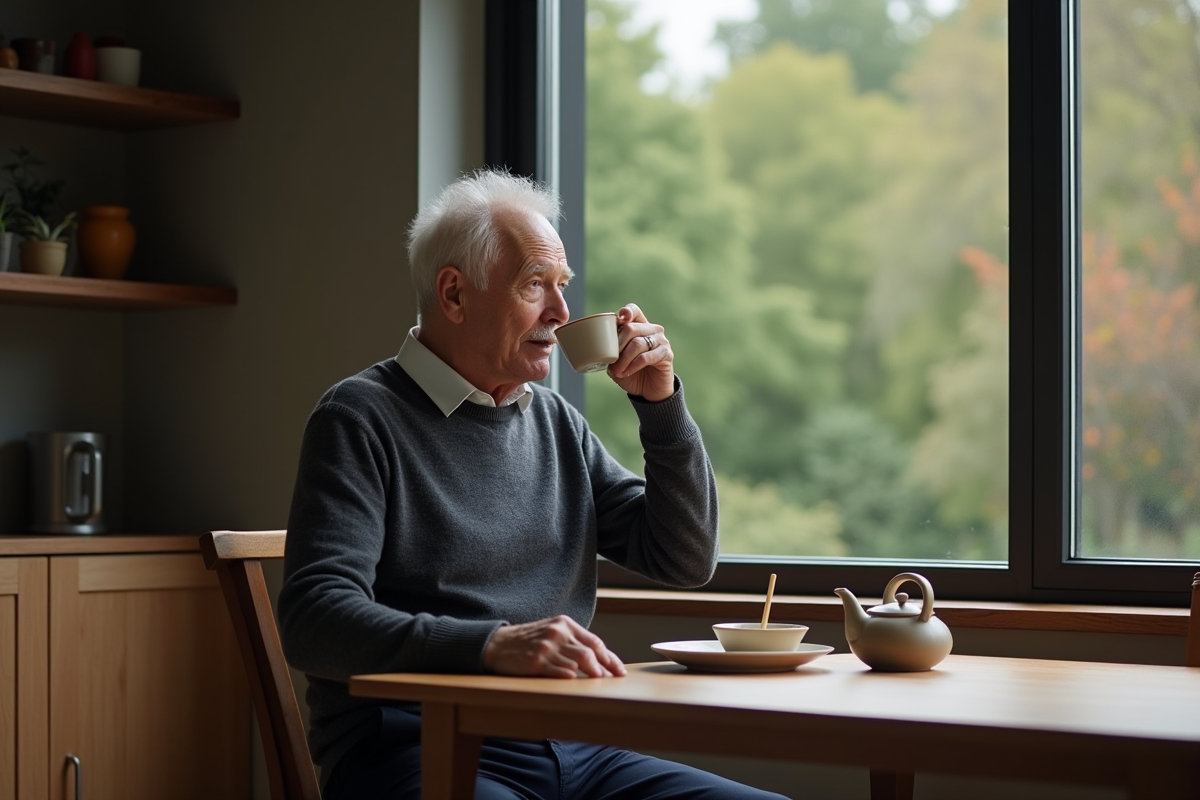 Homme âgé buvant du thé près d