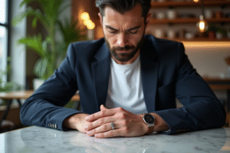 Homme élégant ajustant une bague en argent dans un café moderne